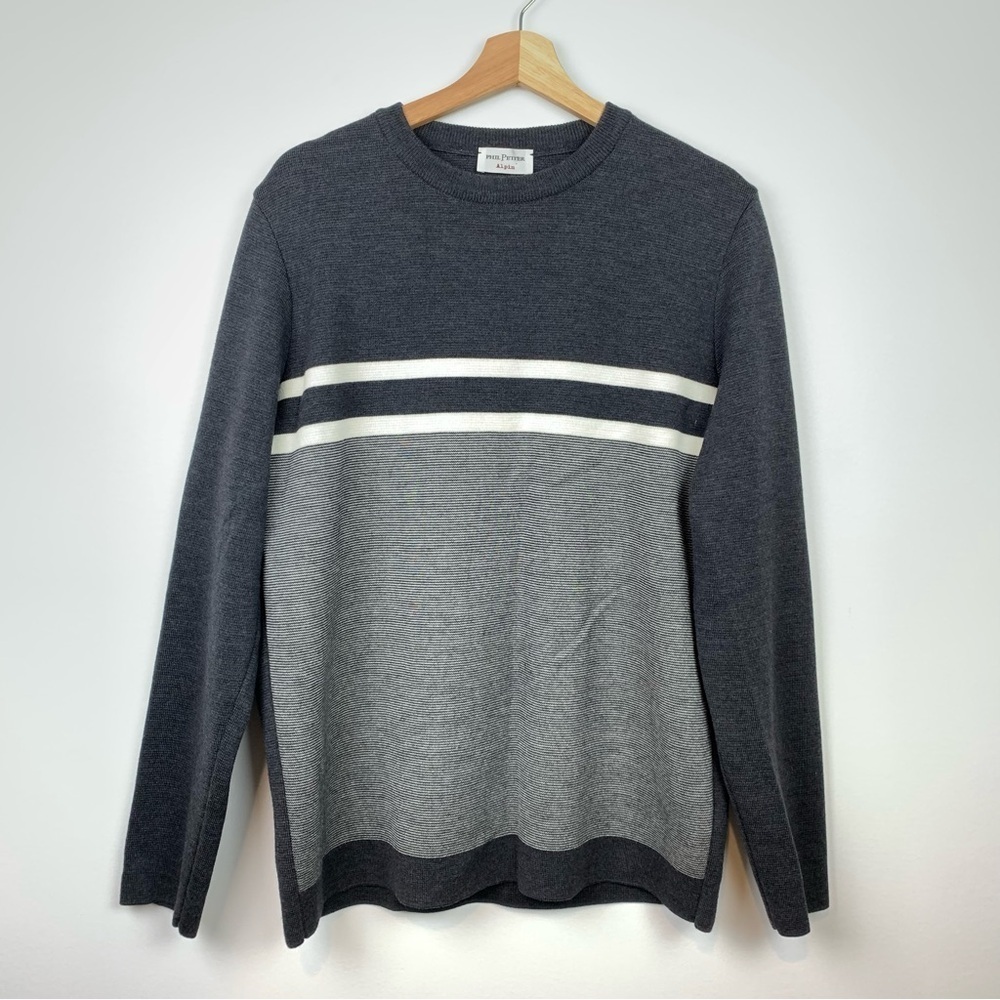 Phil Petter Alpin Sweater Gray White Striped Sz XL Merino Wool Crewneck Austria